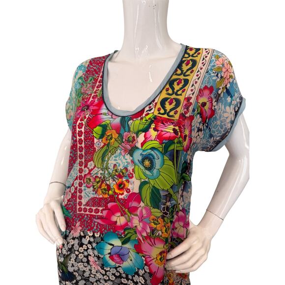 Johnny Was Tunic Dress Cupra Rayon Floral Birds Print A-Line Mini Size Small - Picture 4 of 7